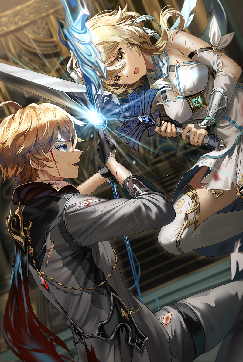 1boy bare_shoulders blonde_hair blue_eyes blush breasts clash cleavage detached_sleeves dress duel flower genshin_impact grey_jacket grey_pants hair_flower hair_ornament jacket large_breasts looking_at_viewer lumine_(genshin_impact) medium_hair open_mouth orange_hair pants polearm red_scarf scarf short_hair sidelocks silence_girl smile spear tartaglia_(genshin_impact) thighhighs thighs weapon white_dress white_legwear white_scarf yellow_eyes
