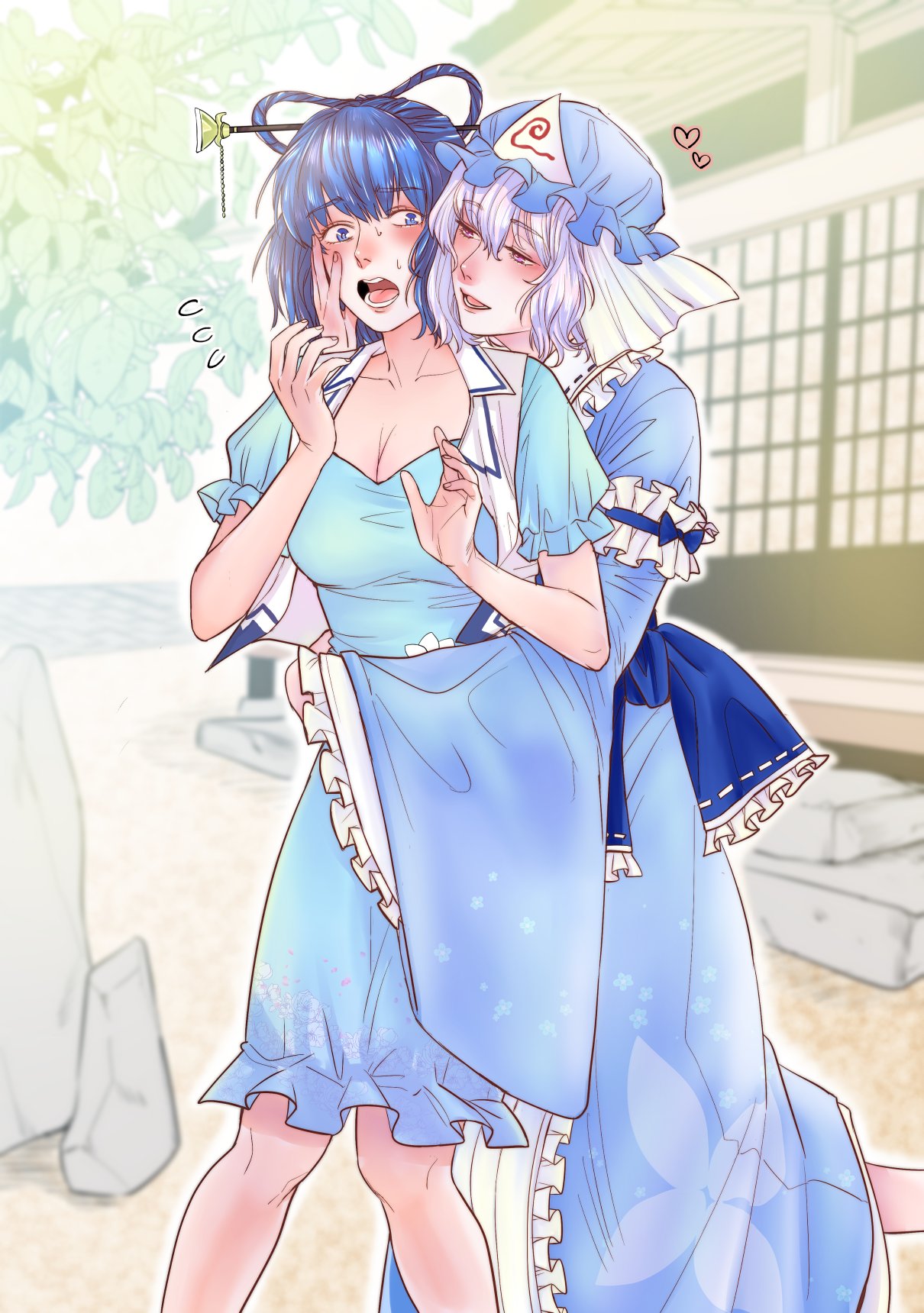 2girls blue_dress blue_eyes blue_hat blue_kimono blush breasts cleavage collarbone commission dress frilled_sleeves frills hair_ornament hair_rings hair_stick hat highres hug japanese_clothes kaku_seiga kimono miyamoto_(dominocube6) multiple_girls outdoors pink_hair red_eyes saigyouji_yuyuko short_hair shy skeb_commission smile touhou triangular_headpiece wide_sleeves yuri