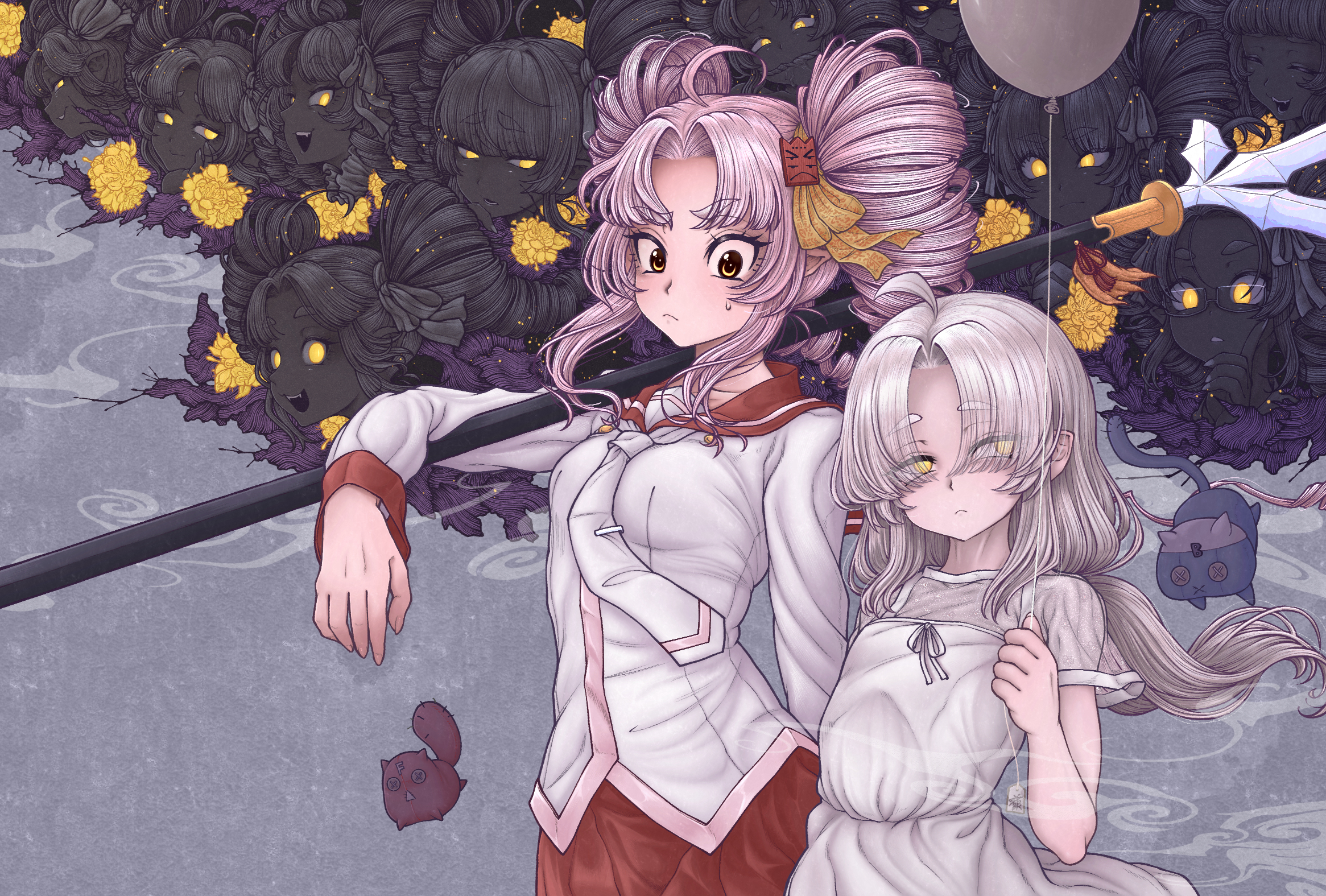 :< ahoge arm_rest balloon breasts character_counter_request closed_mouth cowboy_shot curtained_hair dress drill_hair expressionless eyes_visible_through_hair fangs floating_hair flower flower_request frown furrowed_brow glasses glowing glowing_eyes hair_over_eyes half-closed_eyes highres holding holding_balloon juumonji_yari light_blush light_particles long_bangs long_hair long_sleeves looking_at_another looking_to_the_side miazuma_sarin multiple_persona multiple_views necktie over_shoulder pink_hair pointy_ears polearm red_sailor_collar sailor_collar school_uniform second-party_source see-through_clothes see-through_sleeves shirt short_sleeves side-by-side sidelocks slit_pupils small_breasts spear stuffed_animal stuffed_toy sweatdrop tsuina-chan twin_drills voiceroid weapon weapon_over_shoulder white_dress white_hair white_necktie white_shirt yari yellow_eyes yellow_flower