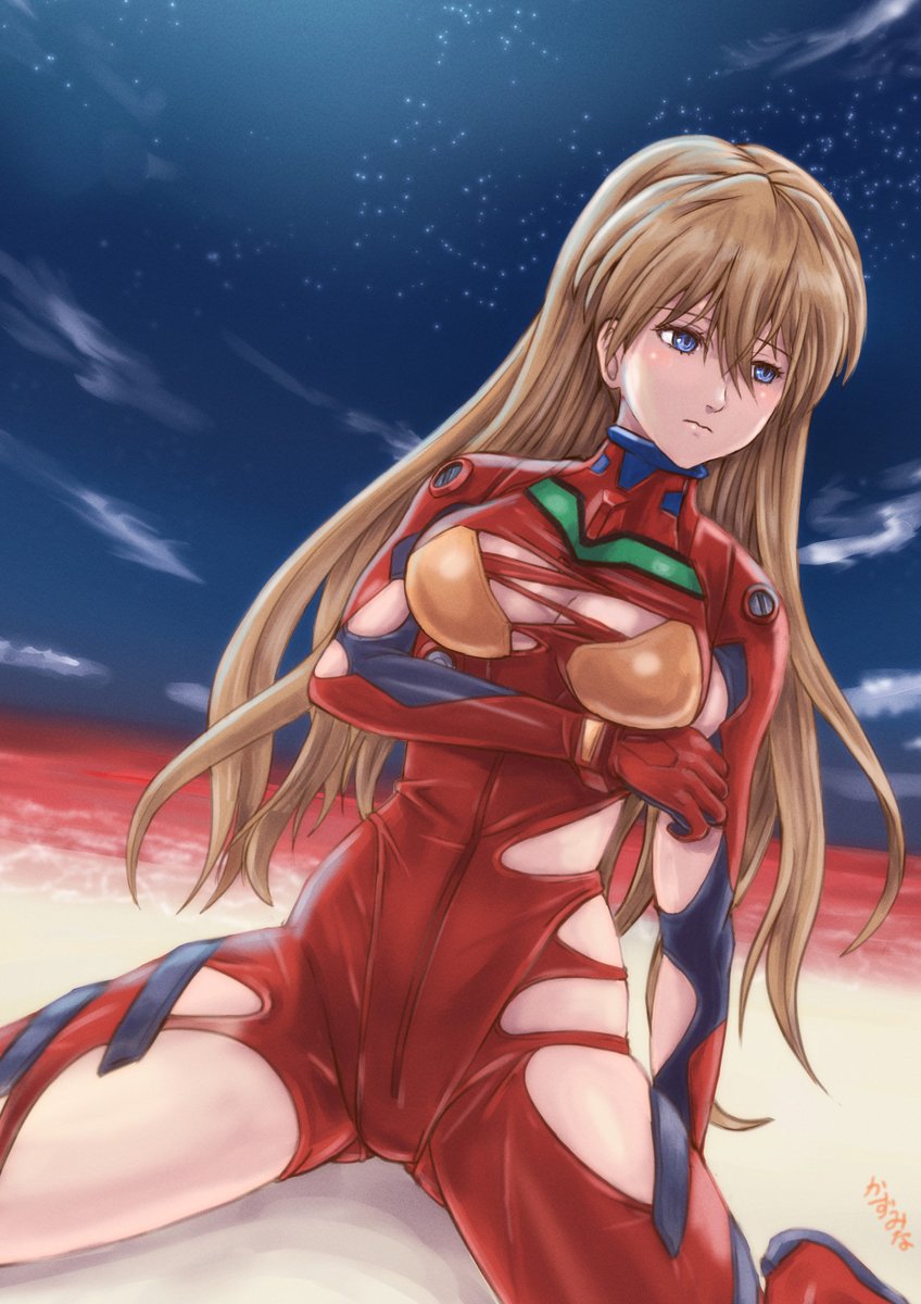 1girl beach blue_eyes blush bodysuit breasts brown_hair cleavage curvy embarrassed evangelion:_3.0+1.0_thrice_upon_a_time hair_between_eyes hair_down hanging_breasts highres kazumina lcl long_hair looking_to_the_side mecha_pilot_suit medium_breasts neon_genesis_evangelion night night_sky no_headgear plugsuit_(evangelion) rebuild_of_evangelion red_bodysuit sitting sky solo souryuu_asuka_langley thighs torn_bodysuit torn_clothes