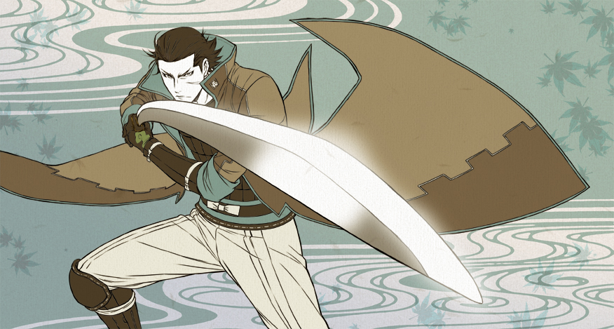 1boy 2010 boots brown_footwear brown_gloves brown_hair brown_jacket fighting_stance glint gloves holding holding_sword holding_weapon jacket katakura_kojuurou_(sengoku_basara) katakura_kojuurou_(sengoku_bushouki_muramasa) katana leaf pants sabo27ten samurai scar scar_on_face sengoku_basara serious sword weapon white_pants