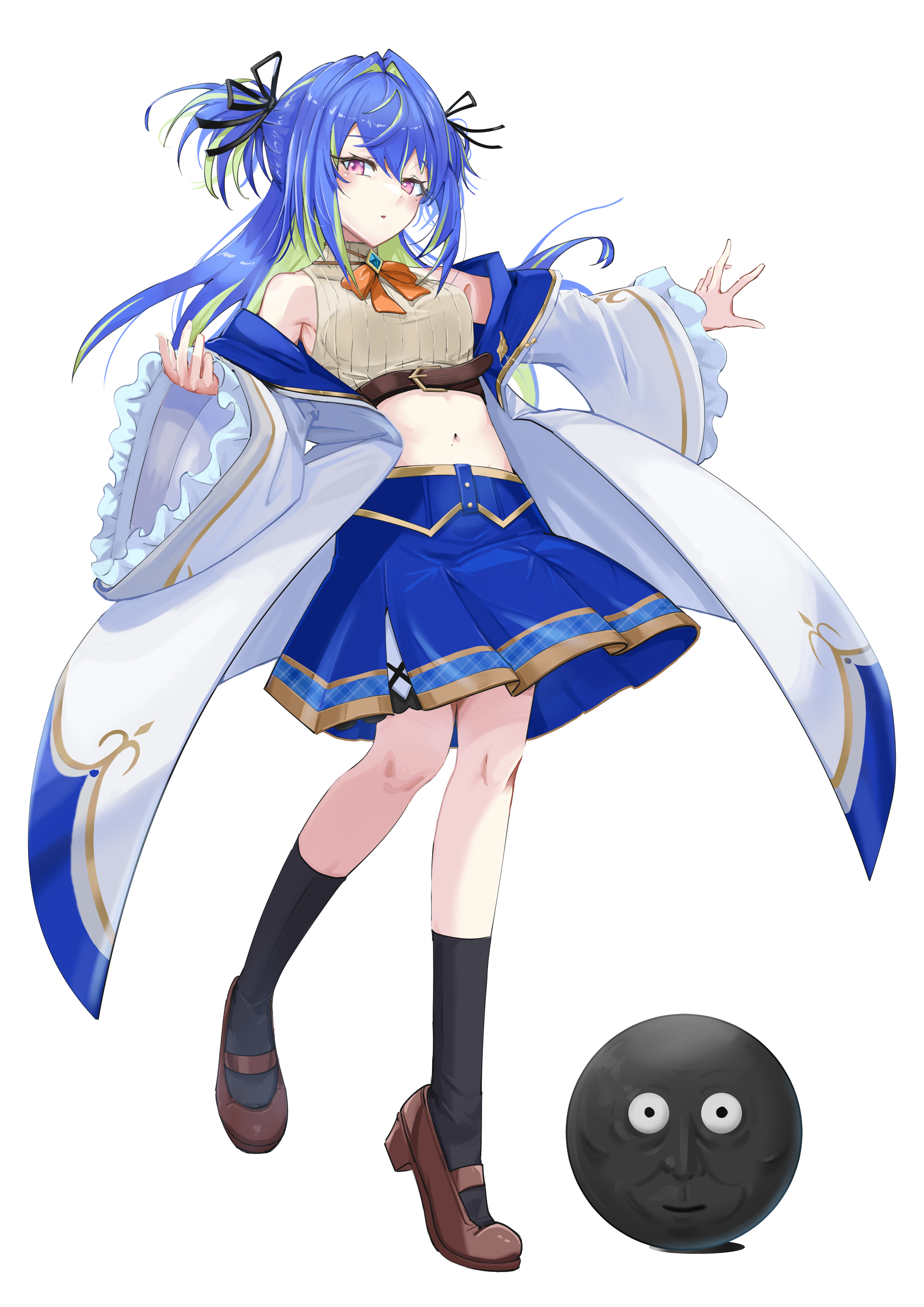 1girl absurdres armpit_crease bare_shoulders belt black_ribbon black_socks block_heels blue_hair blue_skirt blush bow bowtie breasts brown_belt brown_shoes character_request coat colored_inner_hair commentary_request crop_top frilled_sleeves frills full_body green_hair grey_shirt hair_between_eyes hair_intakes hair_ribbon highres hiyoku_no_crosspiece long_hair long_sleeves looking_at_viewer medium_skirt midriff mole mole_under_eye multicolored_hair nanashi_inc. navel off_shoulder open_clothes open_coat orange_bow orange_bowtie parted_lips pleated_skirt purple_eyes ribbed_shirt ribbon sankyo_(821-scoville) shirt shoes simple_background skirt sleeveless sleeveless_shirt small_breasts socks streaked_hair suzumi_nemo suzumi_nemo_(1st_costume) two-tone_hair two_side_up virtual_youtuber white_background white_coat wide_sleeves