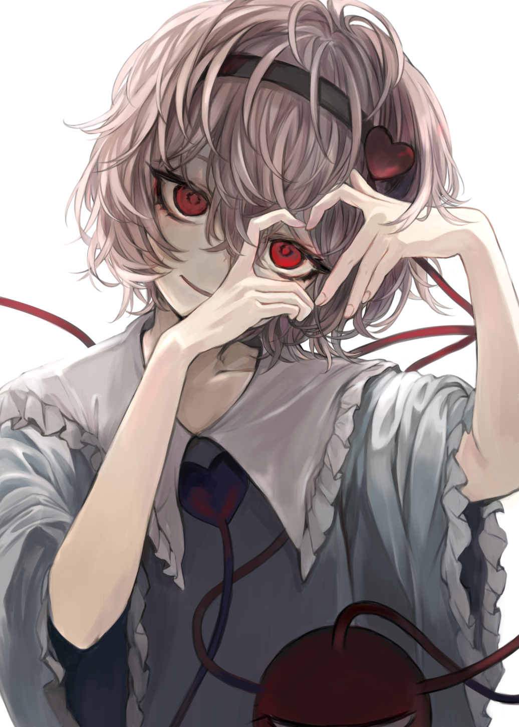 1girl black_hairband blouse blue_shirt closed_mouth collarbone commentary fingernails frilled_shirt_collar frilled_sleeves frills hair_ornament hairband hands_up hasunokaeru head_tilt heart heart_hair_ornament heart_hands highres komeiji_satori long_sleeves looking_at_viewer pink_hair red_eyes shirt short_hair simple_background smile solo third_eye touhou upper_body white_background wide_sleeves