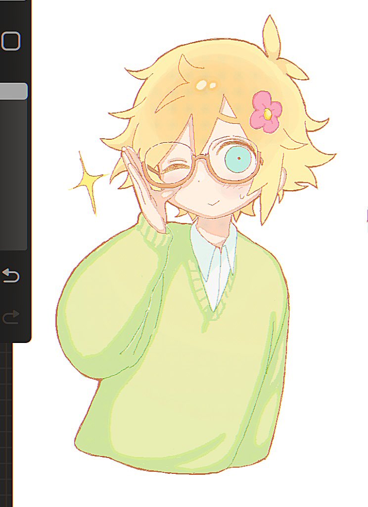 1boy :&gt; alternate_costume antenna_hair basil_(faraway)_(omori) basil_(omori) bespectacled blonde_hair blue_eyes blush closed_mouth collared_shirt flower glasses green_sweater hair_flower hair_ornament long_sleeves looking_at_viewer male_focus omori one_eye_closed shirt short_hair smile solo sparkle sweatdrop sweater tate_ware_anal unfinished upper_body white_shirt