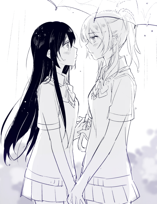10s 2girls ayase_eli holding_hands karuha love_live! love_live!_school_idol_project monochrome multiple_girls ponytail rain school_uniform shared_umbrella skirt sonoda_umi transparent_umbrella umbrella yuri