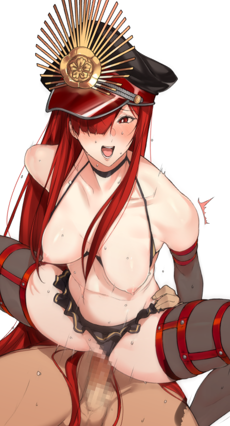 1boy 1girl ^^^ bare_shoulders bikini bikini_bottom_aside bikini_top_aside black_bikini black_hat black_thighhighs blunt_bangs breasts censored clothing_aside commentary_request fate/grand_order fate_(series) frilled_bikini frills from_above hair_over_one_eye hair_over_shoulder hand_on_another&#039;s_waist hat hetero k52 large_breasts long_sidelocks looking_at_viewer mosaic_censoring motion_lines navel nipples nude oda_nobunaga_(fate) oda_nobunaga_(maou_avenger)_(fate) oda_uri open_mouth peaked_cap red_eyes red_hat sex sidelocks simple_background spread_legs squatting_cowgirl_position stomach studded_thigh_strap sweat swimsuit teeth thigh_strap thighhighs tongue two-tone_hat vaginal white_background