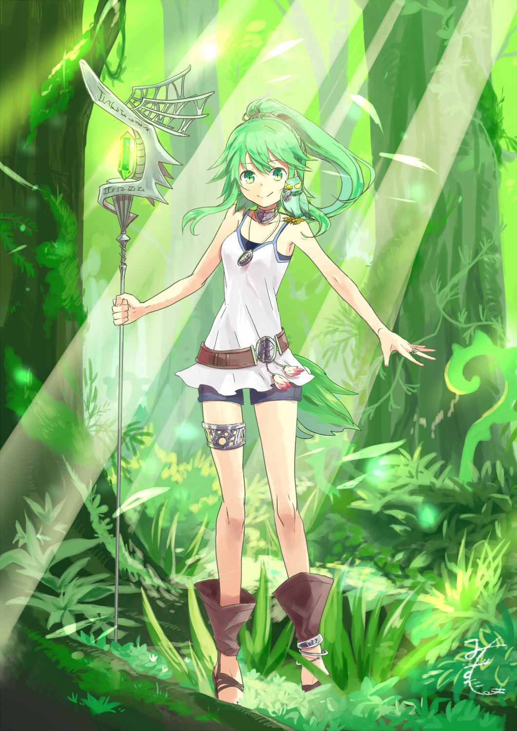 1girl animal animal_on_shoulder anklet bird bird_on_shoulder black_shorts choker collarbone day female_focus floating_hair forest full_body green_eyes green_hair hair_between_eyes hair_ornament high_ponytail highres holding holding_staff jewelry long_hair looking_at_viewer mizutama_(mizutamalion) nature necklace outdoors ponytail shirt short_shorts shorts sleeveless sleeveless_shirt smile solo staff standing thighlet tree white_shirt winda_(yu-gi-oh!) winda_priestess_of_gusto yu-gi-oh!