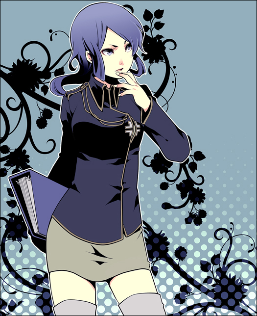 10s 1girl blue_eyes blue_hair breasts devil_survivor_(series) devil_survivor_2 female_focus folder long_hair matching_hair/eyes miniskirt no_legwear sako_makoto skirt solo tatsuji thighhighs zettai_ryouiki