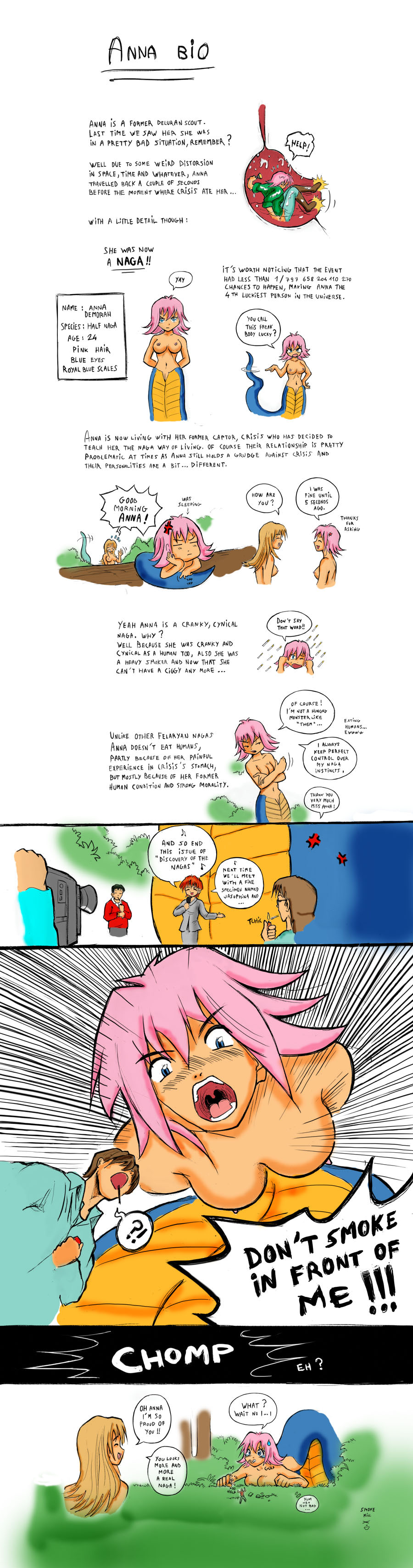 3boys 3girls absurdres anna_(karbo) casual_nudity cigarette colorized crisis english_text felarya giant giantess highres karbo lamia long_hair monster_girl multiple_boys multiple_girls navel nipples nude open_mouth pink_hair pussy short_hair smoking stomach_(organ) uncensored uvula vore