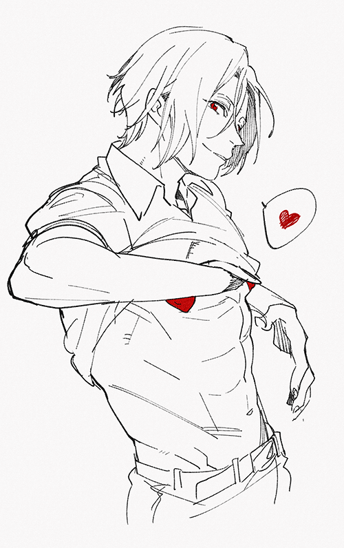 10s 1boy abs belt clothes_lift covered_erect_nipples cowboy_shot free! grey_background hand_under_clothes hand_under_shirt heart heart_pasties limited_palette male_focus matsuoka_rin megumi-square monochrome navel parted_lips pasties red_eyes shirt shirt_lift short_hair simple_background smile solo spoken_heart spot_color white_background