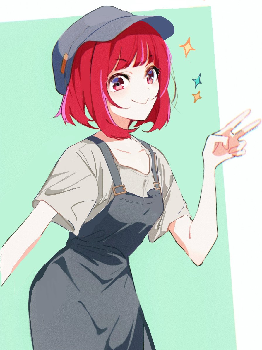 1girl apron arima_kana blue_apron blue_hat blunt_bangs bob_cut chromatic_aberration closed_mouth collarbone cowboy_shot grey_shirt hat inverted_bob looking_at_viewer medium_hair oshi_no_ko red_eyes red_hair shirt short_sleeves smile solo sparkle v visor_cap yamabukiyuki