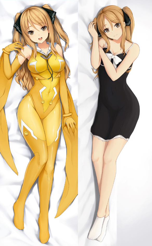 1girl ankle_socks ao_no_kanata_no_four_rhythm bed_sheet black_nightgown black_ribbon blonde_hair bodysuit breasts brown_eyes commission covered_navel dakimakura_(medium) full_body gloves hair_ribbon large_breasts long_hair looking_at_viewer lying multiple_views nightgown on_back on_side open_mouth ribbon satouin_reiko smile socks stira two_side_up white_legwear yellow_bodysuit