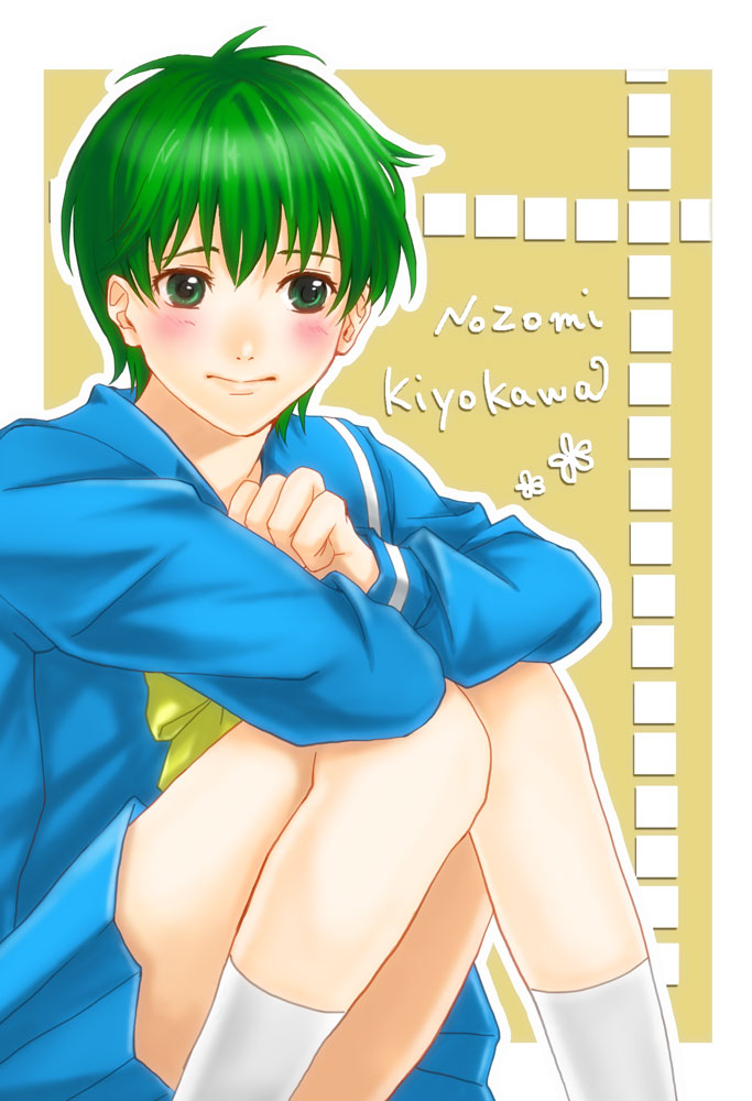 1girl blue_shirt blue_skirt blush bow character_name elbows_on_knees green_eyes green_hair kirameki_high_school_uniform kiyokawa_nozomi knees_together_feet_apart knees_up long_sleeves looking_at_viewer nakaharaka school_uniform shirt short_hair sitting skirt smile socks solo tokimeki_memorial tokimeki_memorial_1 white_socks yellow_bow