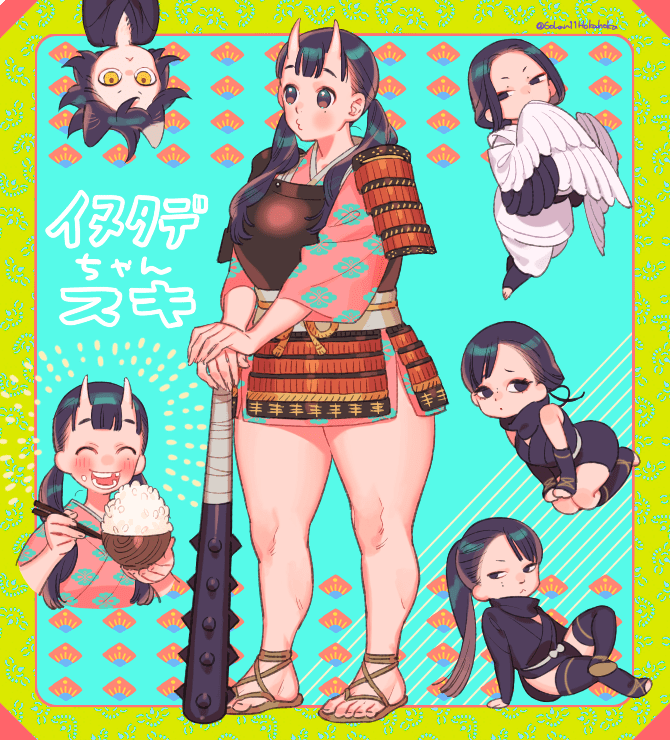 5girls ^_^ animal_ears armor benichidori black_eyes black_hair black_kimono black_scarf black_thighhighs blue_background border bowl breastplate cat_ears cat_girl character_name chipped_tooth closed_eyes club club_(weapon) commentary_request double-parted_bangs dungeon_meshi epaulettes food food_on_face green_border hien horns inutade izutsumi japanese_armor japanese_clothes kanabou kimono kusazuri light_blush long_sleeves low_twintails maizuru mature_female mole mole_above_eye mole_on_nose mole_under_eye multiple_girls o3o oni parted_bangs pink_kimono ponytail rice_bowl sara_(kurome1127) sash scarf short_kimono simple_background skin-covered_horns spiked_club thick_thighs thighhighs thighs translated twintails twitter_username upside-down waraji weapon white_kimono wide_sleeves yellow_eyes