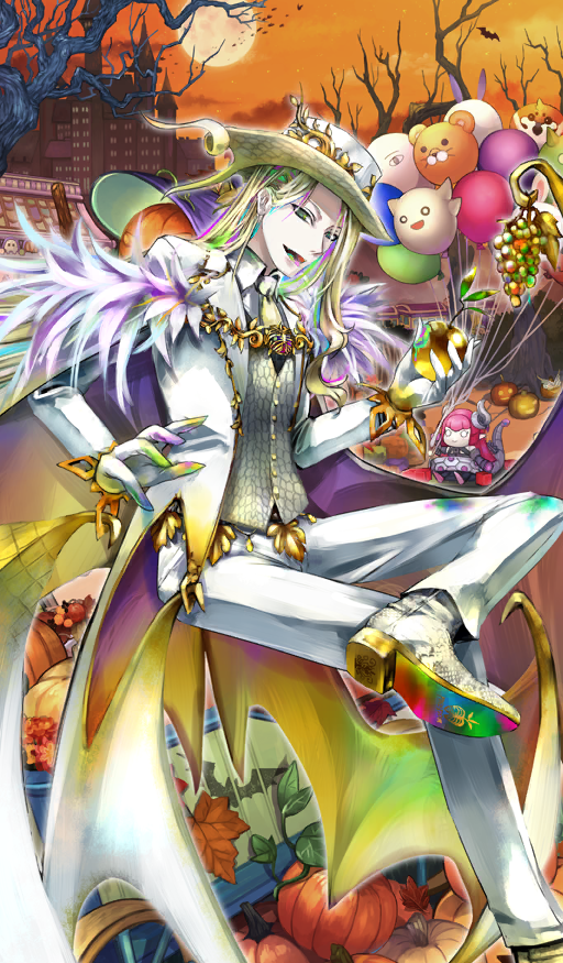 1boy apple balloon bare_tree bat_(animal) blonde_hair boots buttons castle character_doll collared_shirt commentary dress_pants elizabeth_bathory_(fate) fate/grand_order fate_(series) feathers figure_four_sitting food foot_out_of_frame formal_clothes fruit full_moon gloves golden_apple green_eyes grey_vest halloween hat holding holding_food holding_fruit invisible_chair jack-o&#039;-lantern jacket lapels long_hair looking_at_viewer male_focus mecha_eli-chan_(fate) medjed_(fate) moon necktie notched_lapels official_art open_mouth orange_sky outdoors pants pfalz pumpkin shirt sitting sky smile solo suit suit_jacket tailcoat third-party_source tree vest waistcoat white_boots white_gloves white_hat white_jacket white_pants white_shirt white_suit wolfgang_amadeus_mozart_(fate) wolfgang_amadeus_mozart_(festival_outfit)_(fate) yellow_necktie