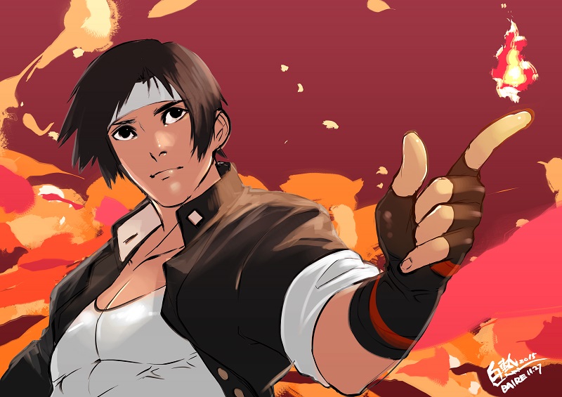 10s 1boy 2015 baire brown_hair dated fingerless_gloves fire gakuran gloves hachimaki headband jacket kusanagi_kyou male_focus open_clothes open_jacket pointing pyrokinesis school_uniform signature sleeves_rolled_up snk solo the_king_of_fighters upper_body