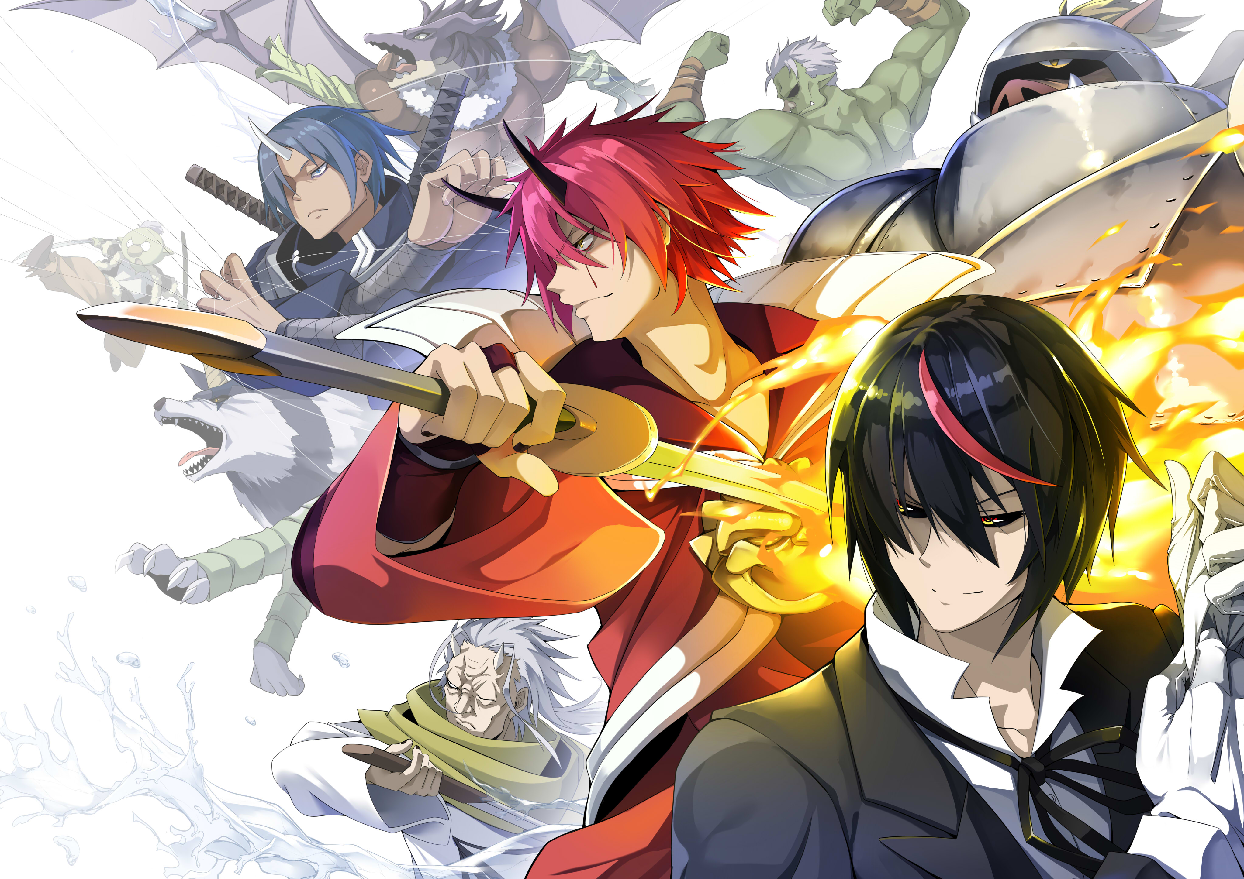 6+boys absurdres armor benimaru_(tensura) black_hair black_sclera blue_hair collared_shirt colored_sclera diablo_(tensura) fire flaming_sword flaming_weapon geld_(tensura) gloves goblin gobta_(tensura) grey_hair hakuro_(tensura) helmet highres holding holding_sword holding_weapon horns japanese_clothes multiple_boys muscular ranga_(tensura) red_hair rigurd_(tensura) shirt short_hair smile soei_(tensura) spiked_hair sword tensei_shitara_slime_datta_ken weapon white_gloves wide_sleeves wolf zelitto