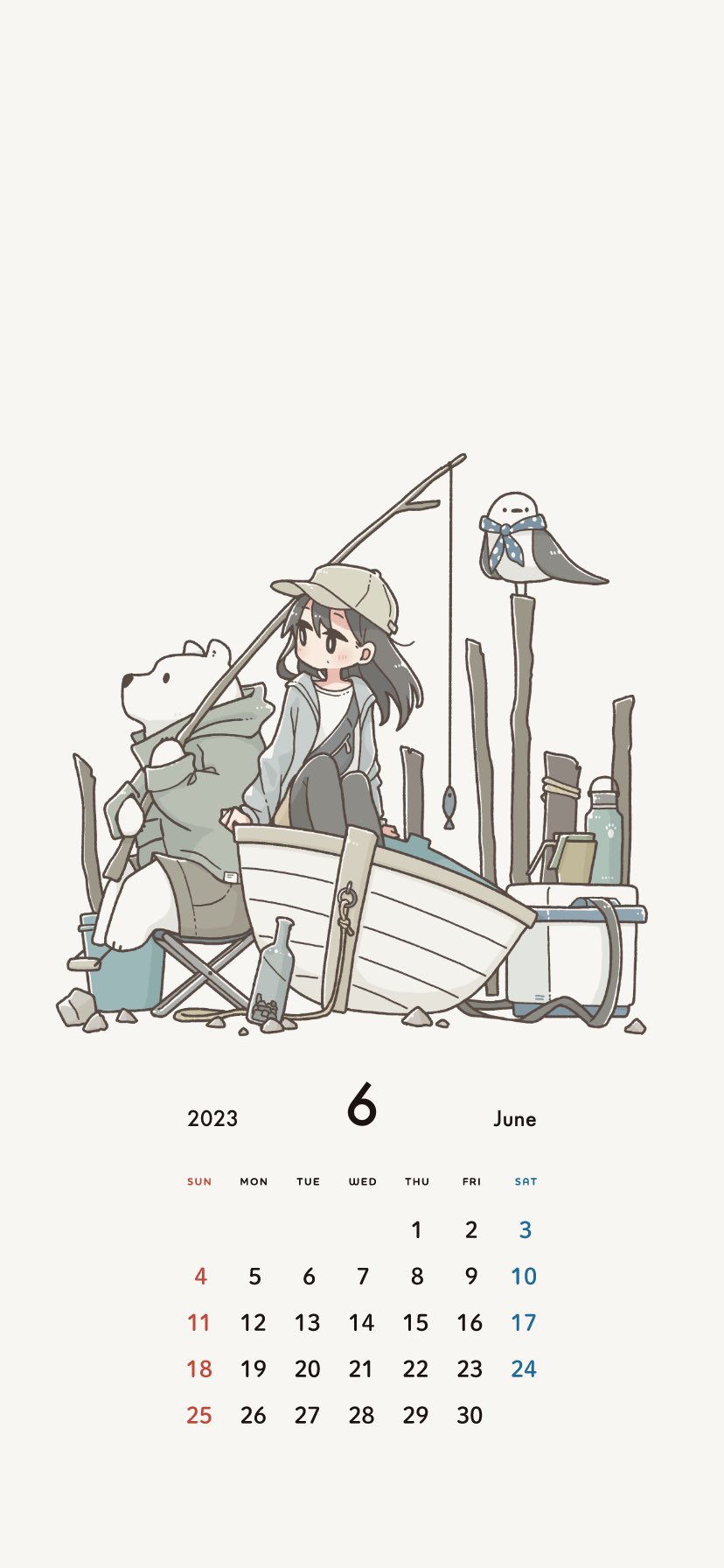 1girl bear bird black_eyes black_hair blue_jacket boat bottle bucket chair east_sha2 fishing_rod hat highres holding holding_fishing_rod jacket long_hair long_sleeves original polar_bear shirt sitting solo watercraft white_shirt