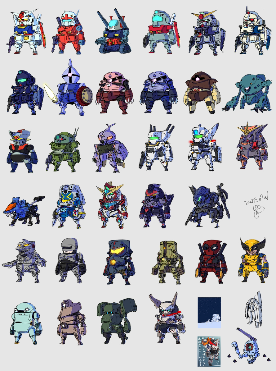 2024 3boys acguy arm_cannon arm_shield armored_core armored_core_vi:_fires_of_rubicon artist_self-reference assault_visor av-98_ingram ball_(gundam) blue_destiny_01 bravern cherno_alpha chibi choujikuu_yousai_macross commentary_request crossover deadpool deadpool_&amp;_wolverine deadpool_(series) dunbine energy_sword glowing glowing_eyes gm_(mobile_suit) godzilla_(series) godzilla_vs._mechagodzilla grey_background ground_gundam gun gunbuster guncannon gundam gundam_0080 gundam_08th_ms_team gundam_ez8 gundam_side_story:_the_blue_destiny guntank gyan holding holding_gun holding_sword holding_weapon hygogg jaeger_(pacific_rim) jgsdf_type_07_tank_nacchin kidou_keisatsu_patlabor king_gainer macross marvel marvel_cinematic_universe mazinger_(series) mazinger_z mazinger_z_(mecha) mecha mechagodzilla mechatro_wego mechatrowego_(robot) mobile_suit mobile_suit_gundam moi_moi7 multiple_boys multiple_crossover no_humans non-humanoid_robot original overman_king_gainer pacific_rim pink_eyes purple_eyes radio_antenna red_eyes robocop robocop_(character) robot robot_animal science_fiction scopedog seisenshi_dunbine shield_liger shoulder_cannon soukou_kihei_votoms steel_haze super_robot superhero_costume sword toho top_wo_nerae! top_wo_nerae!_(series) v-fin vf-1s weapon weapon_on_back weltall wolverine_(x-men) xenogears yuuki_bakuhatsu_bang_bravern z&#039;gok