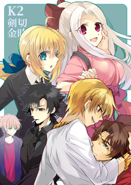 2girls 4boys arthur_pendragon_(fate) artoria_pendragon_(fate) bad_id bad_pixiv_id black_hair blonde_hair blue_eyes bow brown_hair cigarette emiya_kiritsugu fate/prototype fate/zero fate_(series) formal_clothes gilgamesh_(fate) hair_bow instructor_iri irisviel_von_einzbern japanese_clothes kimono kusunokiokonogi long_hair multiple_boys multiple_girls official_alternate_costume pant_suit pants ponytail red_eyes saber_(fate) suit tohsaka_tokiomi white_hair