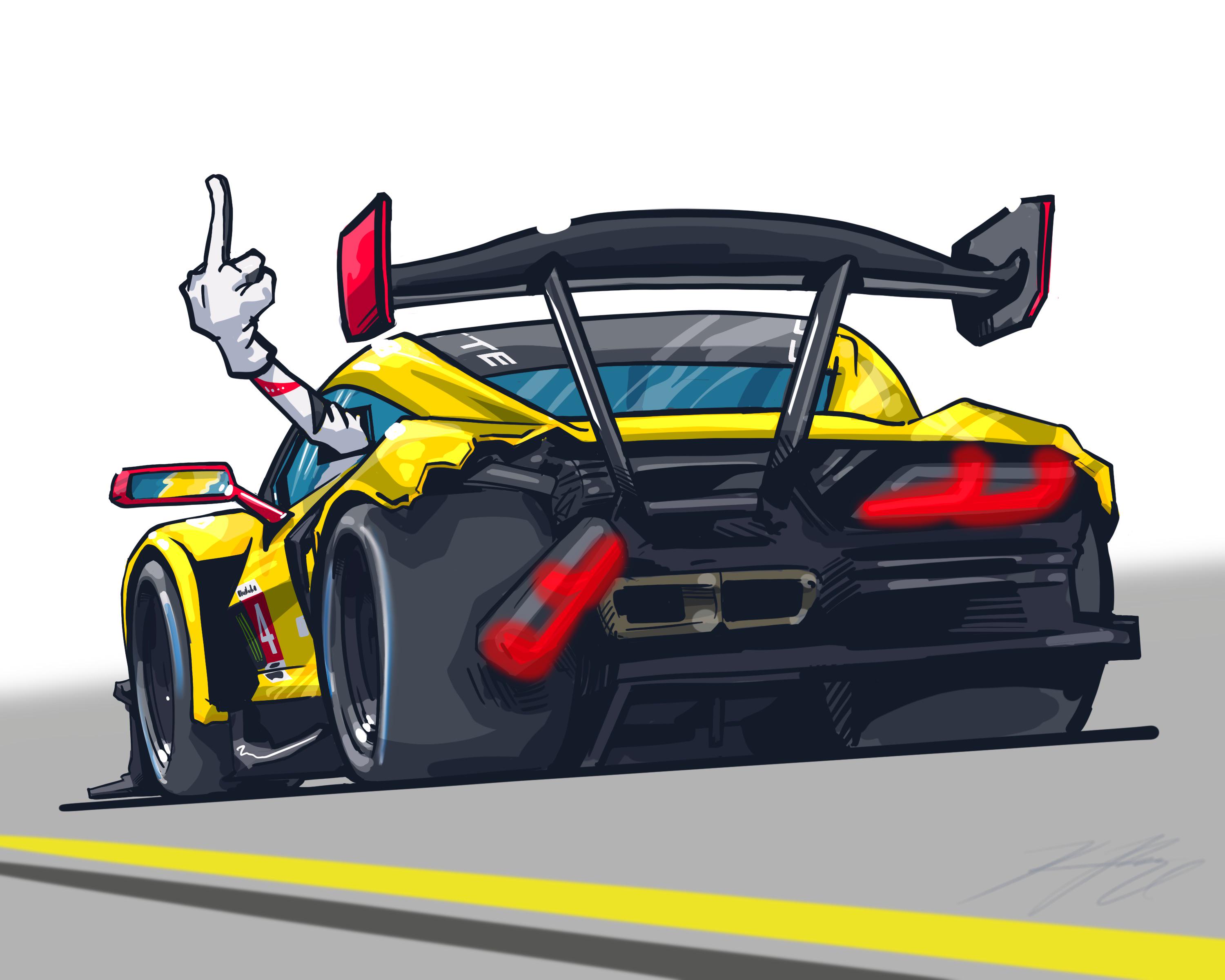 1boy absurdres car chevrolet chevrolet_corvette chevrolet_corvette_c8 chibi corvette_racing damaged daytona_international_speedway from_behind gloves glowing highres imsa_sportscar_championship kevinpaigeart middle_finger mirror motor_vehicle race_vehicle racecar racetrack real_life shirt signature spoiler_(automobile) tommy_milner vehicle_focus white_background white_gloves white_shirt