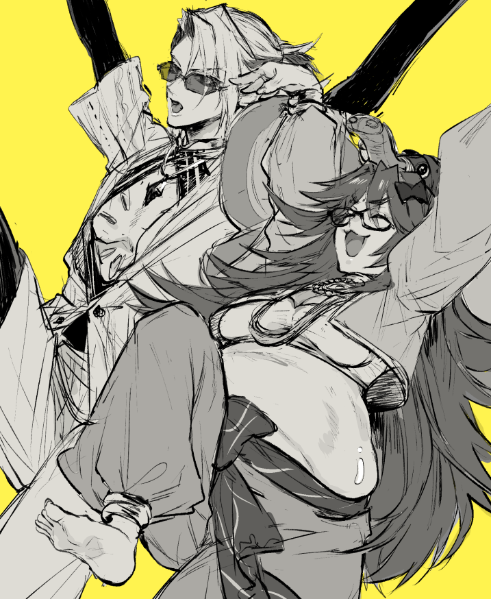 1boy 1girl arms_up barefoot breasts center_opening closed_eyes commentary_request fat fat_woman fate/grand_order fate_(series) ganesha_(fate) glasses greyscale_with_colored_background jinako_carigiri karna_(fate) karna_(summer_outfit)_(fate) leg_up long_hair looking_ahead medium_breasts official_alternate_costume open_mouth pectorals ponytail sagging_breasts short_hair short_ponytail sketch stomach sumi_2222 sunglasses v-shaped_eyebrows yellow_background