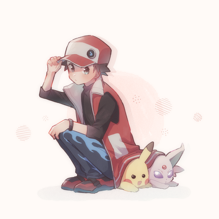 1boy black_shirt bracelet closed_mouth coat commentary_request espeon flame_print game_freak gen_1_pokemon gen_2_pokemon hand_on_headwear hat jewelry looking_at_viewer maccha_pamocute male_focus nintendo official_alternate_costume pants pikachu pokemon pokemon_(creature) pokemon_masters_ex red_(pokemon) red_(sygna_suit)_(pokemon) red_coat red_footwear red_hat shirt shoes sleeveless sleeveless_coat squatting three-quarter_sleeves