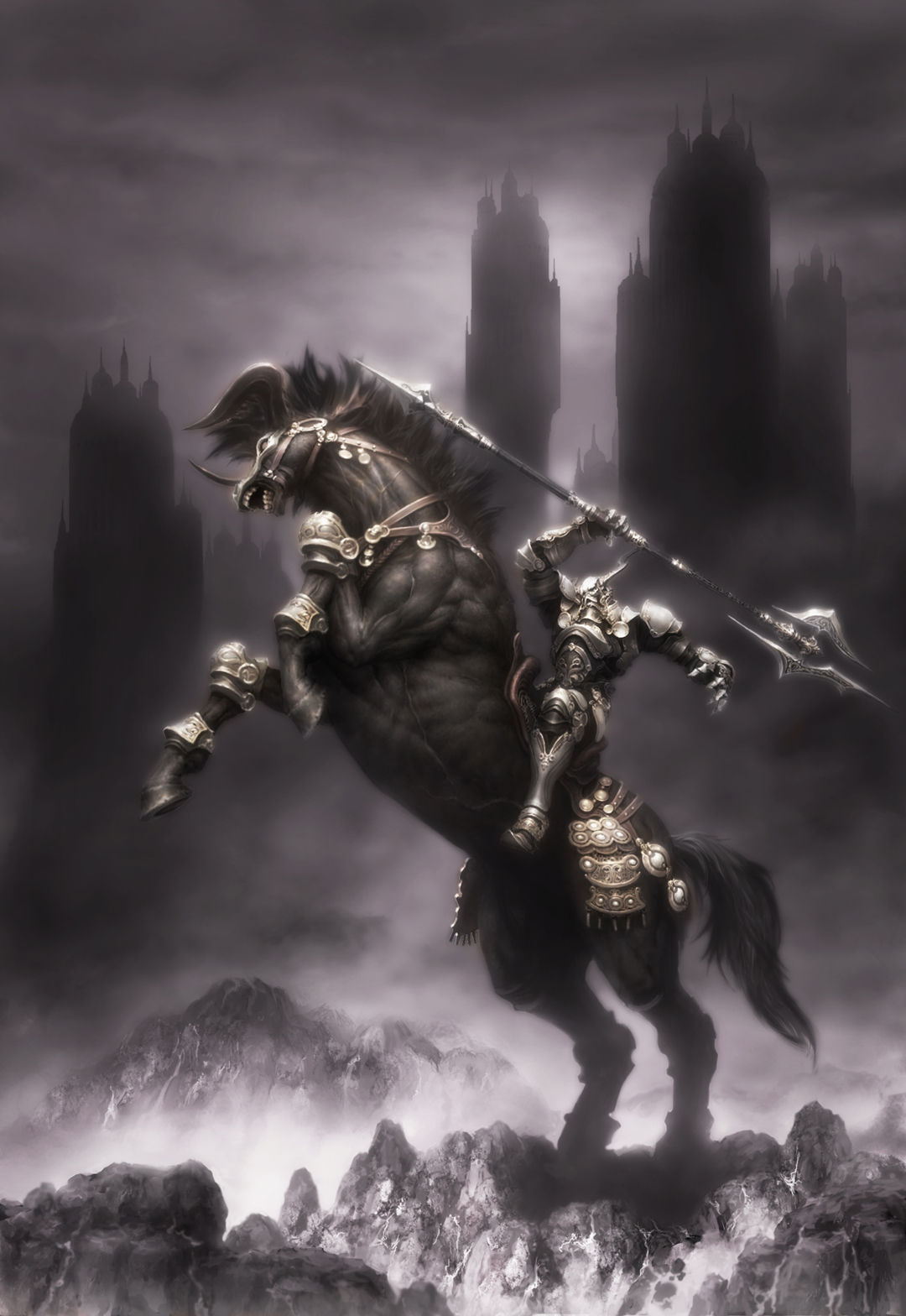 1boy aiba_ryosuke armor black_horse breastplate bridle commentary fake_horns final_fantasy final_fantasy_xi full_armor gauntlets greaves helmet highres holding holding_polearm holding_weapon horned_helmet horns horse horseback_riding odin_(final_fantasy) official_art polearm rearing riding saddle second-party_source shoulder_armor sleipnir_(final_fantasy) spear weapon