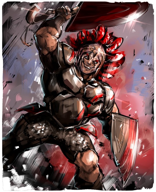 1boy armor axe chainmail disutihada double-sided_axe drag-on_dragoon drag-on_dragoon_2 dreadlocks muscular muscular_male red_eyes red_hair shield short_male smile swinging_weapon zhangpo