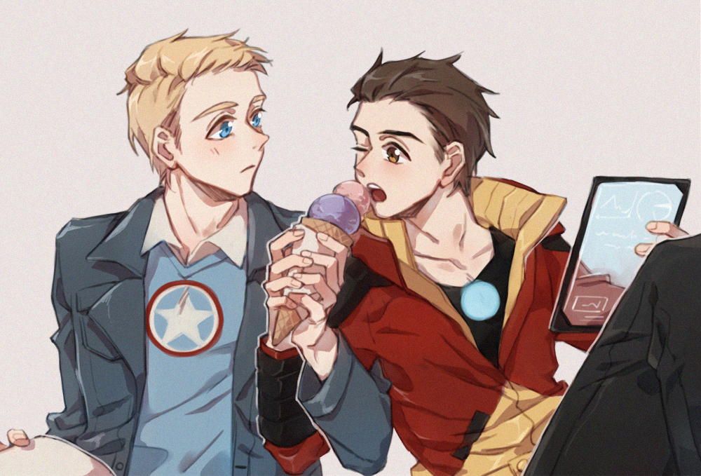 2boys animification arc_reactor avengers_(series) avengers_academy black_jacket black_pants black_shirt blonde_hair blue_eyes blue_sweater_vest blush breast_pocket brown_eyes brown_hair chinese_commentary closed_mouth collarbone collared_shirt commentary_request fingernails food grey_background holding holding_food holding_ice_cream holding_tablet_pc ice_cream jacket lapels long_sleeves looking_at_another male_focus marvel multiple_boys one_eye_closed open_clothes open_jacket open_mouth pants pocket red_jacket shirt short_hair simple_background sitting star_(symbol) star_print steve_rogers sweater_vest t-shirt tablet_pc teeth tony_stark white_shirt yizilu699