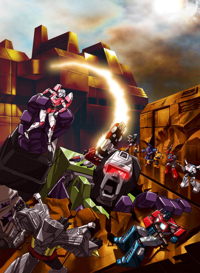 arcee bad_id bad_twitter_id blue_eyes bumblebee character_request cloud commentary devastator_(transformers) english_commentary fantastic_four flying glowing grimlock gun holding holding_gun holding_weapon ironhide makoto_ono marvel mecha no_humans optimus_prime prowl_(transformers) robot science_fiction sideswipe sitting skids_(transformers) sky transformers visor weapon