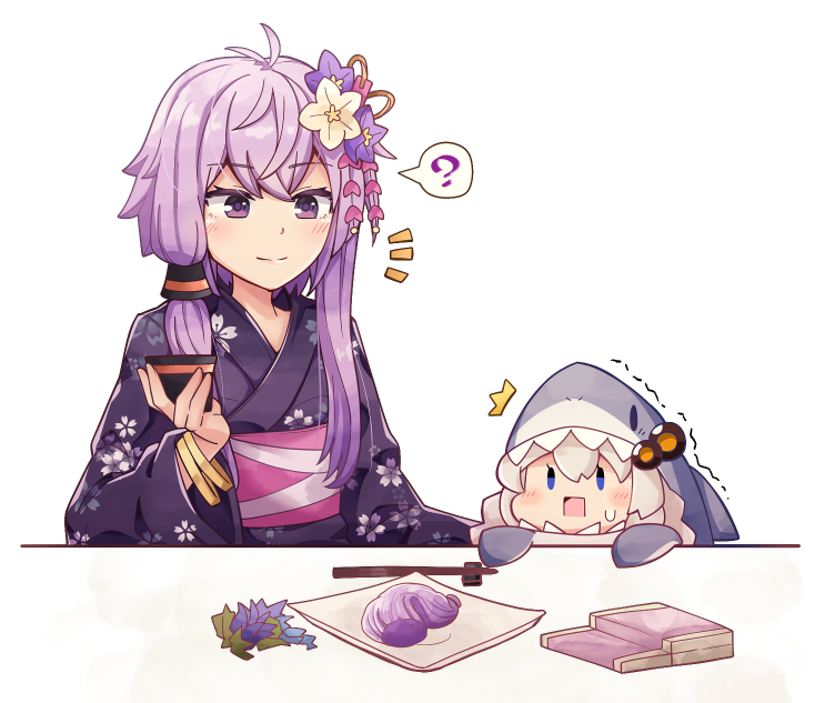 2girls ? ^^^ alternate_costume animal_costume bangle blue_eyes blush bracelet chibi chopsticks closed_mouth floral_print flower food grey_hair hair_flower hair_ornament holding holding_hair_ornament japanese_clothes jewelry kimono kizuna_akari long_sleeves misunderstanding multiple_girls noodles notice_lines obi official_alternate_costume open_mouth pandora-ex print_kimono purple_eyes purple_flower purple_hair purple_kimono sash shark_costume short_hair_with_long_locks simple_background smile solid_oval_eyes soumen surprised sweatdrop trembling unworn_hair_ornament voiceroid white_background white_flower wide_sleeves yuzuki_yukari