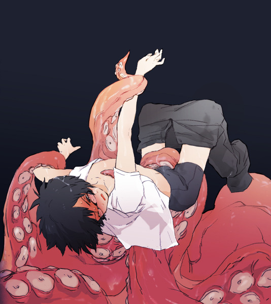 1boy blush glasses male_focus male_underwear open_clothes open_shirt tentacles tentacles_on_male tsuritama underwear