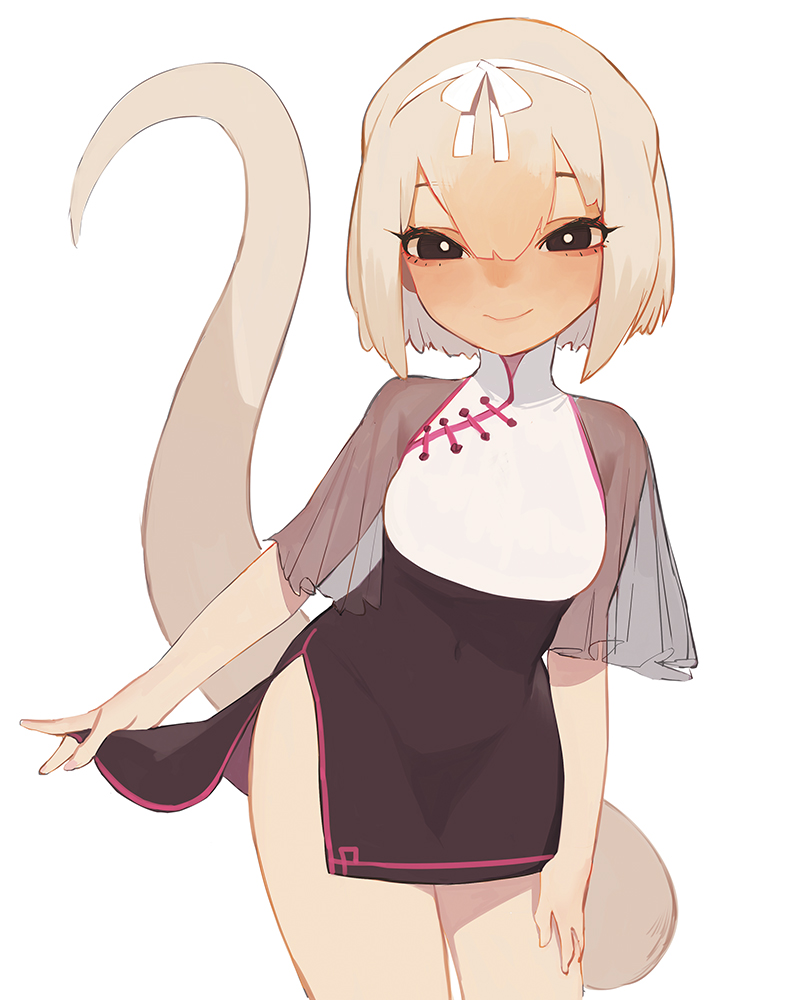 1girl anteater_tail beijuu black_eyes china_dress chinese_clothes closed_mouth dress hairband hand_on_own_thigh kemono_friends lifting_own_clothes looking_at_viewer navel see-through_clothes short_hair silky_anteater_(kemono_friends) simple_background smile solo standing tail white_background