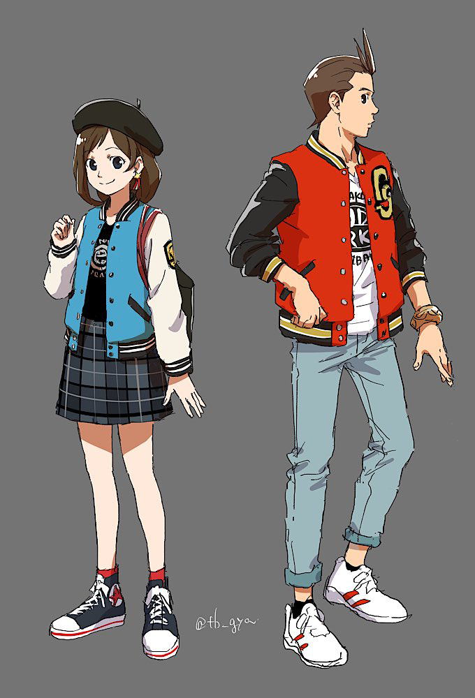 1boy 1girl ace_attorney alternate_costume antenna_hair apollo_justice beret black_headwear black_shirt black_socks blue_pants bomber_jacket bracelet brown_eyes brown_hair closed_mouth commentary_request earrings full_body grey_background grey_skirt hand_up hat jacket jewelry long_sleeves looking_at_viewer multicolored_jacket open_clothes open_jacket pants plaid_clothes plaid_skirt profile red_socks shirt shoes short_hair skirt smile sneakers socks standing streetwear taba_(tb_gya) trucy_wright two-tone_jacket white_footwear white_shirt