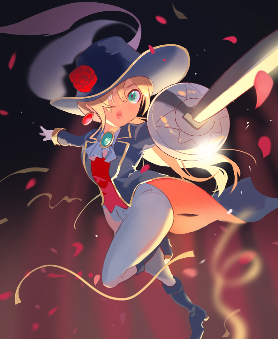 ascot blonde_hair blue_eyes blue_jacket brooch cavalier_hat earrings feathers flower hat hat_feather hat_flower holding holding_sword holding_weapon jacket jewelry long_hair mario_(series) nintendo official_alternate_costume open_clothes open_jacket pants petals princess_peach princess_peach:_showtime! red_flower red_petals red_rose red_vest rose simple_background sphere_earrings sword swordfighter_peach vest weapon white_ascot white_background white_feathers white_pants zyuma