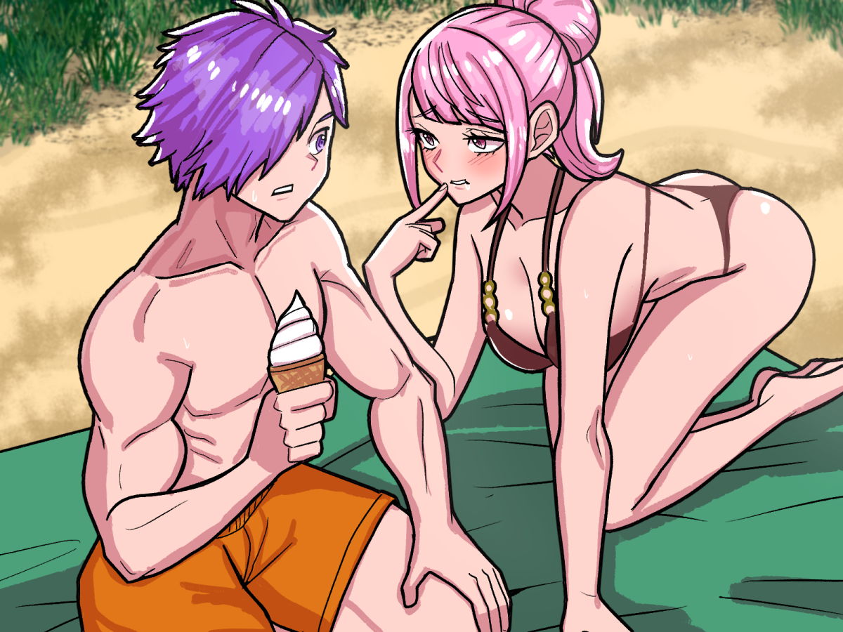 1boy 1girl alternate_costume ass bare_legs beach bikini breasts brown_bikini butt_crack cleavage fire_emblem fire_emblem:_three_houses fire_emblem_warriors:_three_hopes food hilda_valentine_goneril ice_cream ice_cream_cone kneeling male_shez_(fire_emblem) male_shez_(summer)_(fire_emblem) medium_breasts mnejing30 muscular muscular_male nintendo official_alternate_hairstyle outdoors pink_eyes pink_hair pointing pointing_at_self pout purple_hair swimsuit