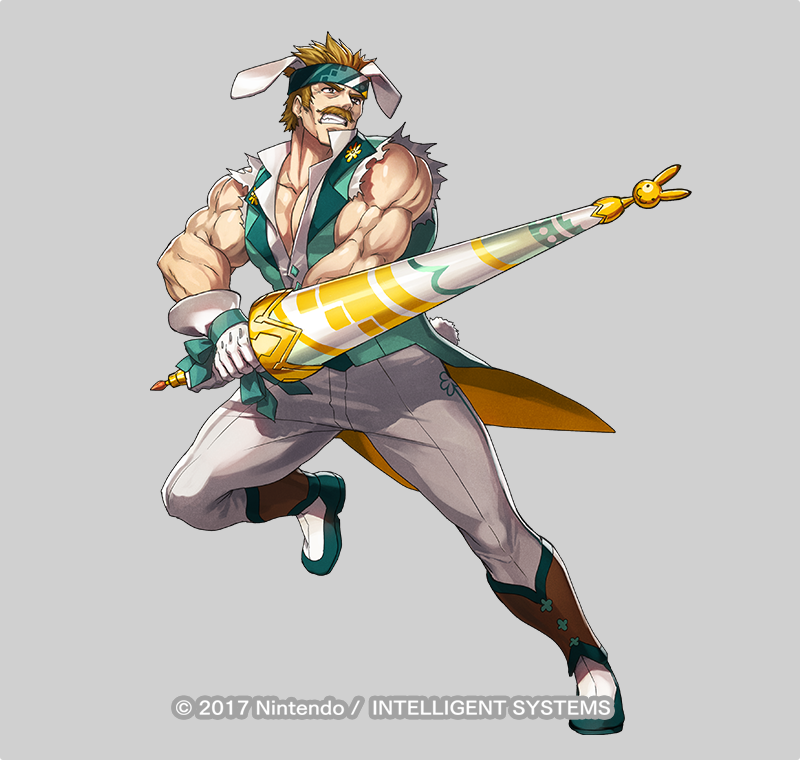 1boy animal_ears bartre_(fire_emblem) bartre_(spring)_(fire_emblem) biceps brown_eyes brown_hair clenched_teeth commentary_request company_name dai-xt facial_hair fake_animal_ears fire_emblem fire_emblem:_the_binding_blade fire_emblem_heroes full_body gloves grey_background headband large_pectorals male_focus mature_male muscular muscular_male mustache nintendo official_art pants pectoral_cleavage pectorals rabbit_ears sleeveless solo teeth torn_clothes torn_sleeves white_gloves white_pants
