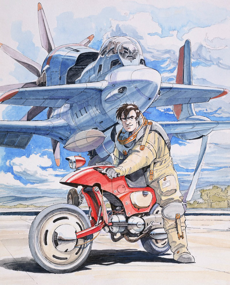 1980s_(style) 1boy aircraft astronaut black_eyes boots brown_hair cable canards canopy cloud cockpit day engine gainax gainaxtop gloves gun honneamise_no_tsubasa hose looking_at_viewer machine_gun machinery male_focus marker_(medium) motor_vehicle motorcycle mountain official_art oldschool production_art propeller realistic retro_artstyle sadamoto_yoshiyuki scan science_fiction shadow shirotsugh_lhadatt solo spacesuit traditional_media tree tube unused_tire vehicle weapon