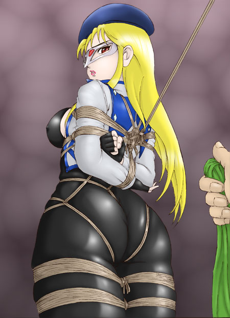 00s 1girl amiba00 arms_behind_back ass bdsm blonde_hair bodysuit bondage bound breasts covered_erect_nipples crotch_rope fingerless_gloves from_behind gear_fighter_dendou gear_senshi_dendou gloves gradient_background hat huge_ass jacket large_breasts lips long_hair looking_back mask open_mouth parted_lips red_eyes rope shiny_clothes solo_focus standing thick_thighs thighs vega_(dendoh)