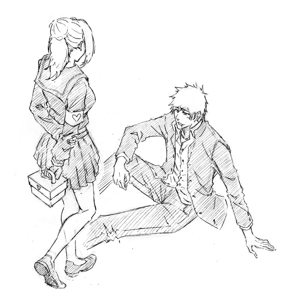1boy 1girl arm_behind_back armband bleach blood blood_on_face box breasts gakuran hair_between_eyes holding holding_box injury inoue_orihime kubo_tite_(style) kurosaki_ichigo loafers long_sleeves medium_breasts official_alternate_costume parted_bangs parted_lips pleated_skirt ponytail rakusakugk sailor_collar school_uniform shoes short_hair sitting sketch skirt spiked_hair standing white_background