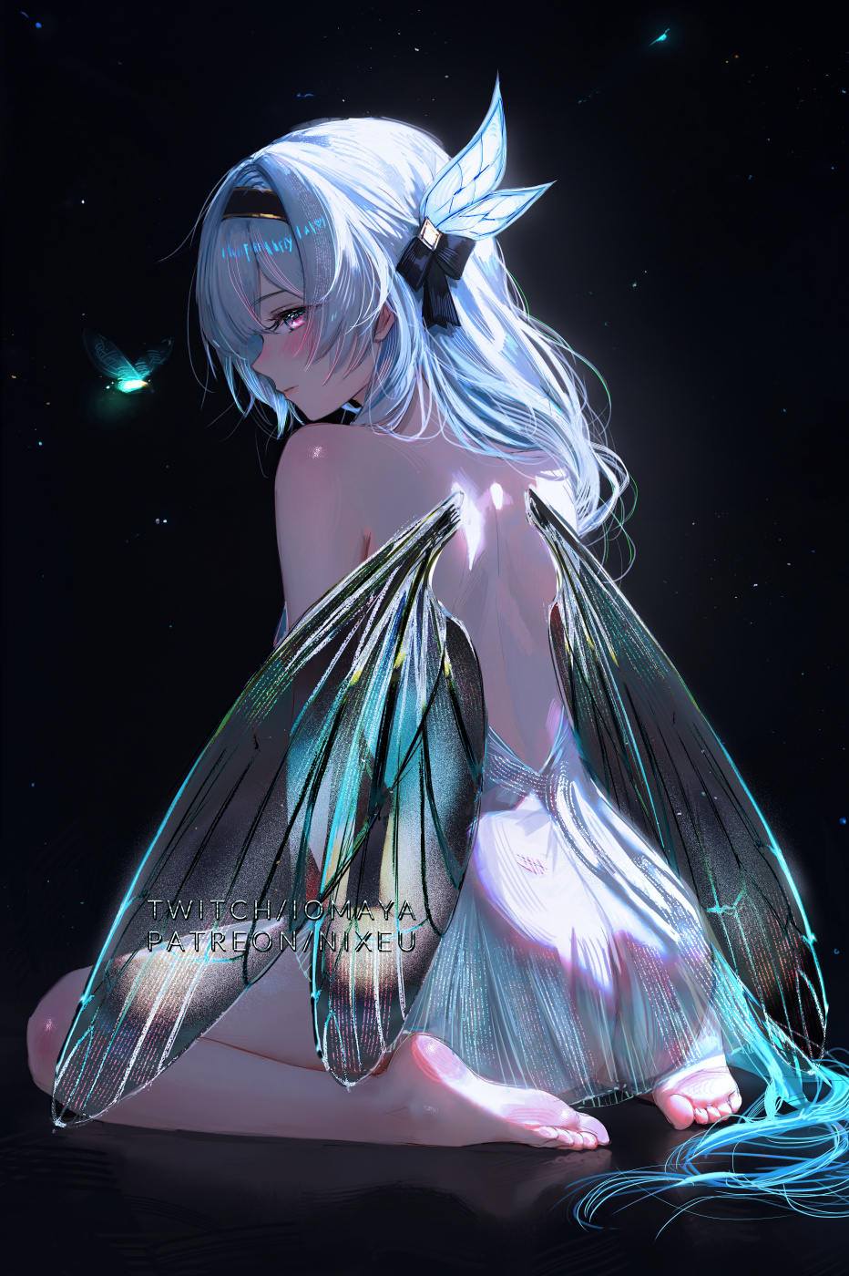 1girl ass barefoot black_bow black_hairband bow breasts closed_mouth commentary dress english_commentary feet firefly_(honkai:_star_rail) from_behind green_dress hair_bow hairband highres honkai:_star_rail honkai_(series) insect_wings light_blush long_hair looking_at_viewer median_furrow micav1 nixeu pink_eyes profile see-through_clothes see-through_dress seiza shoulder_blades sitting soles solo toes white_hair wings