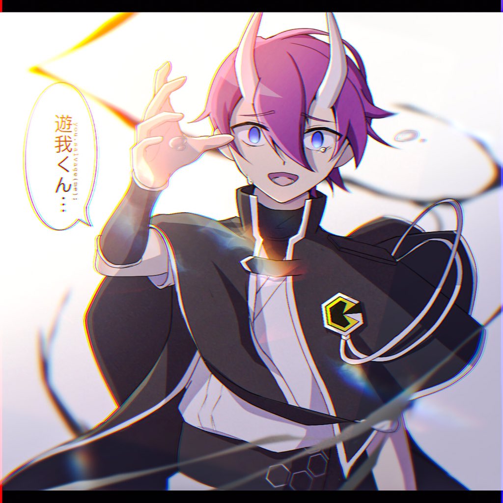 1boy alternate_universe arm_at_side atltax_00 belt black_belt black_border black_capelet black_sleeve_cuffs blue_eyes border capelet dappled_sunlight double-parted_bangs empty_eyes facing_viewer horns japanese_clothes kimono light_particles looking_at_viewer male_focus open_mouth popped_collar purple_hair reaching smoke sougetsu_gakuto speech_bubble sunlight sweatdrop tearing_up white_background white_kimono white_trim wind yu-gi-oh! yu-gi-oh!_sevens