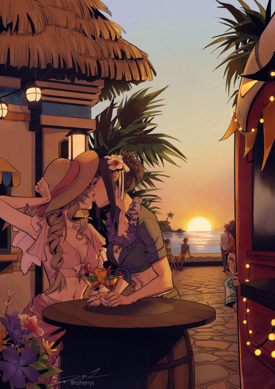 2girls 3boys aerith_gainsborough aerith_gainsborough_(floral_delight) braid braided_ponytail breasts cleavage closed_eyes cocktail_glass crop_top cup drinking_glass final_fantasy final_fantasy_vii final_fantasy_vii_remake flower flower_necklace front-tie_top hair_flower hair_ornament hat highres jewelry johnny_(ff7) kiss lei multiple_boys multiple_girls necklace official_alternate_costume official_alternate_hairstyle peeking pink_top reno_(ff7) rude_(ff7) sun_hat sunset table tifa_lockhart tifa_lockhart_(majestic_glamour) toherrys