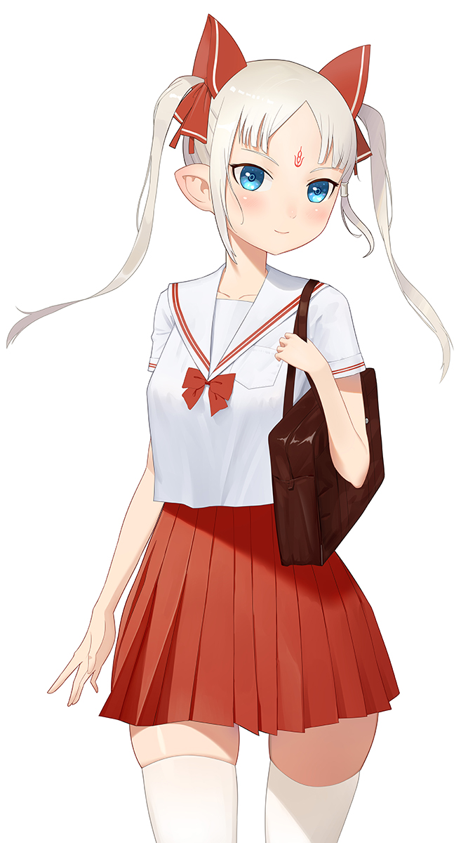 1girl bad_hand bad_id bad_pixiv_id bag blue_eyes blush bookbag bow cop_craft:_dragnet_mirage_reloaded facial_mark female_focus forehead_mark highres lbo_(bodlike) long_hair parted_bangs pleated_skirt pointy_ears red_bow red_skirt school_uniform serafuku short_sleeves sidelocks skirt smile solo standing thighhighs tilarna_exedilika twintails white_hair white_thighhighs zettai_ryouiki