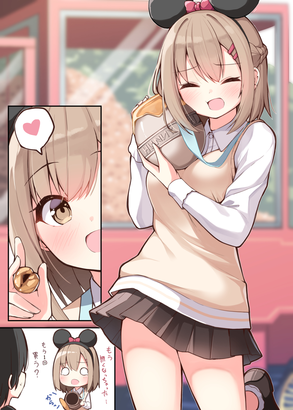 1boy 1girl animal_ears black_footwear blush bow breasts brown_eyes brown_hair brown_skirt childhood_friend_(ominaeshi) collared_shirt comic commentary_request dress_shirt fake_animal_ears food hair_between_eyes hair_ornament hairclip hands_up heart highres holding holding_food long_sleeves medium_breasts minnie_mouse_ears mouse_ears o_o ominaeshi_(takenoko) original pleated_skirt red_bow shirt shoes skirt socks spoken_heart standing standing_on_one_leg sweat sweater_vest teardrop translation_request white_shirt white_socks winnie_the_pooh