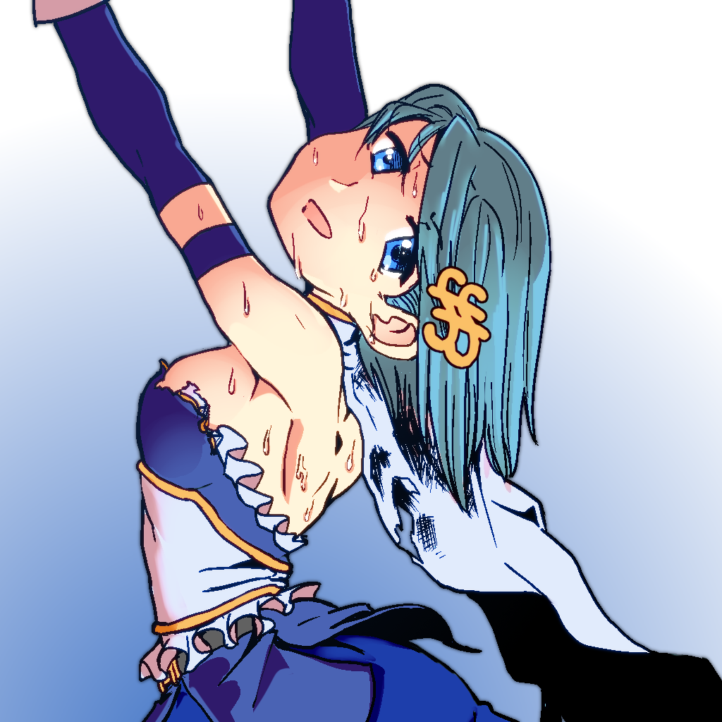1girl arms_up backless_outfit blue_eyes blue_hair fortissimo hair_ornament looking_at_viewer magical_girl mahou_shoujo_madoka_magica medium_hair mengnaidu miki_sayaka miki_sayaka_(magical_girl) musical_note musical_note_hair_ornament solo strapless