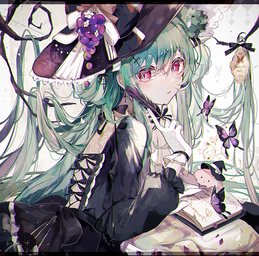 1girl back_slit black_bow black_dress black_hat book bow branch bug butterfly coco7 creature creatures_(company) cross-laced_clothes cross-laced_dress dress floral_print frilled_dress frills game_freak gen_4_pokemon gloves grape_hat_ornament green_hair hair_between_eyes hair_bow hat holding holding_quill horns insect lace lace-trimmed_dress lace-trimmed_headwear lace_trim long_hair looking_at_viewer nintendo open_book parted_lips personification pokemon quill red_eyes sidelocks torterra very_long_hair white_gloves witch_hat