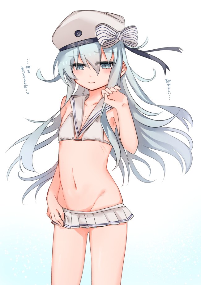 1girl bikini bikini_skirt blue_eyes clothes_writing cosplay cowboy_shot embarrassed female_focus groin hat hibiki_(kancolle) kantai_collection long_hair low_twintails megane_poni microskirt pleated_skirt sailor_bikini sailor_collar sailor_hat silver_hair simple_background skirt solo standing swimsuit translation_request twintails white_background white_bikini z1_leberecht_maass_(kancolle) z1_leberecht_maass_(kancolle)_(cosplay) z1_leberecht_maass_(swimsuit)_(kancolle)