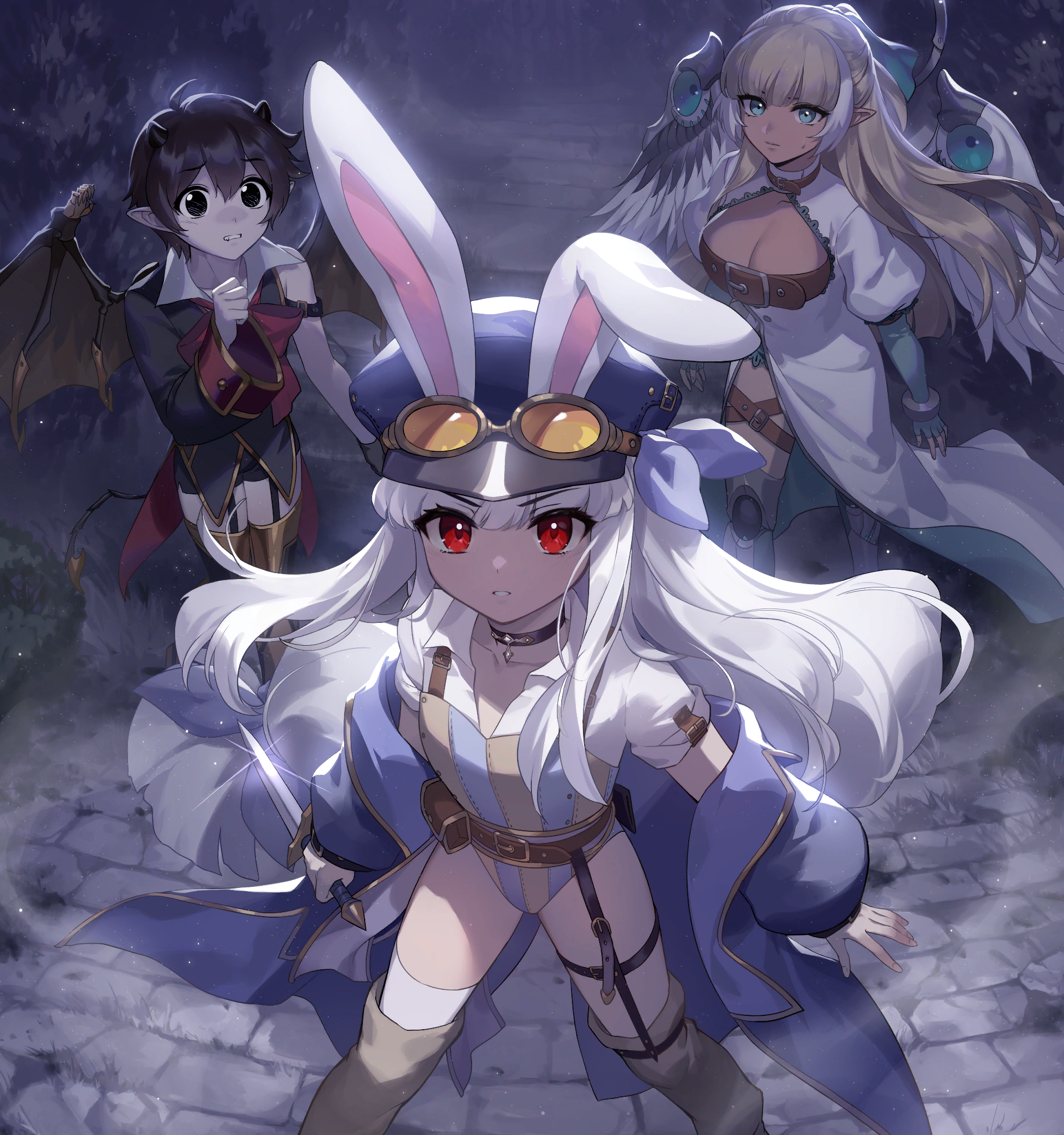 1boy 2girls angel_wings animal_ears artist_request black_eyes black_hair blonde_hair blue_coat blue_hat breasts celia_(tevi) check_artist cleavage coat dagger demon_boy demon_horns demon_wings ein_lee feathered_wings game_cg goggles goggles_on_headwear green_eyes hat highres holding holding_dagger holding_knife holding_weapon horns knife large_breasts leotard long_hair long_sleeves multiple_girls non-web_source parted_lips pointy_ears puffy_long_sleeves puffy_sleeves rabbit_ears rabbit_girl red_eyes sable_(tevi) tevi tevi_(character) weapon white_hair wings